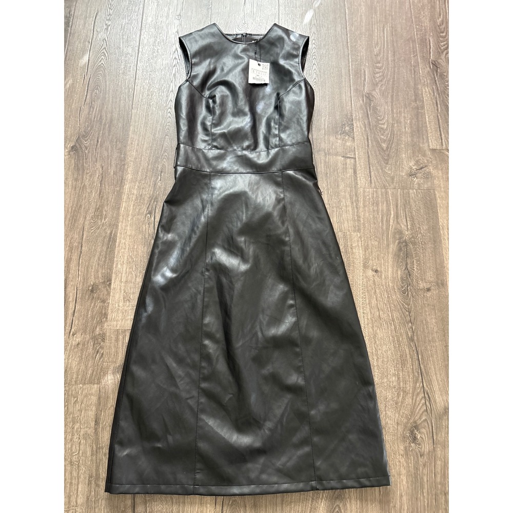 ZARA Black Faux Leather Sleeveless Midi Dress Size S New with‎ Tags - Picture 3 of 7